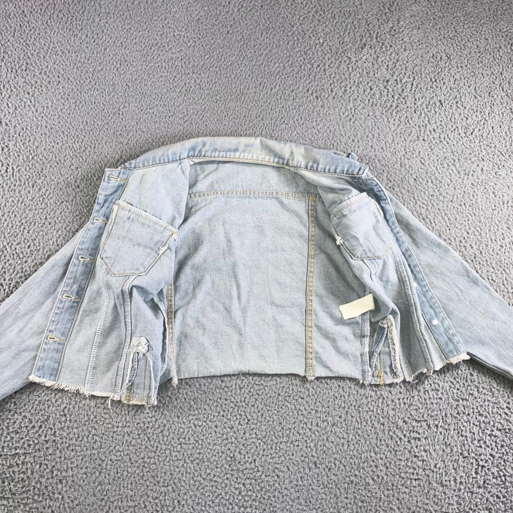 Ruffle Shoulder Denim Jacket Women S Light Wash Raw Hem Cropped Western Spring - Picture 9 of 12
